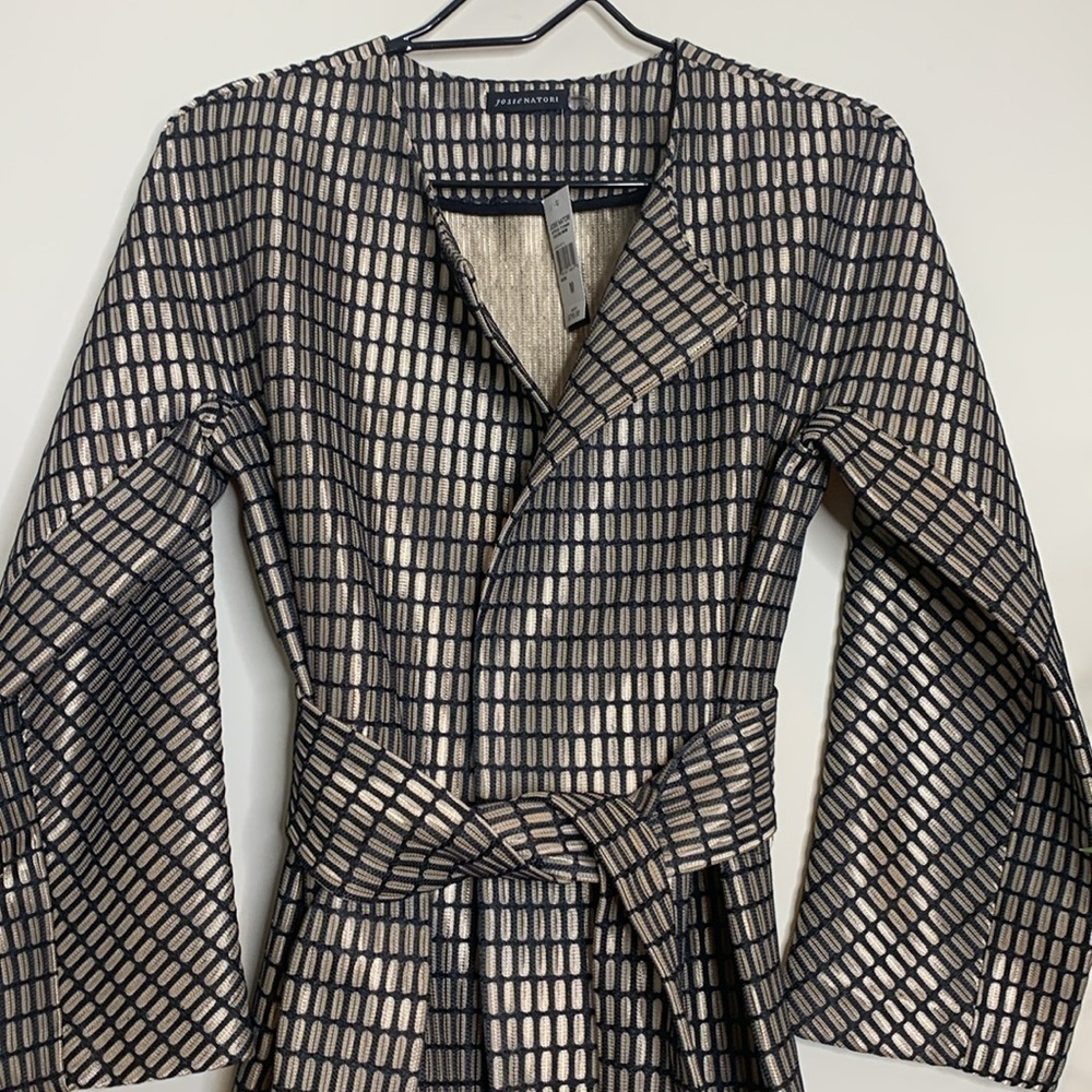 Josie Natori | NWT Tan Black Woven Metal Belted Kimono Style Jacket M MSRP $795 - Picture 11 of 17